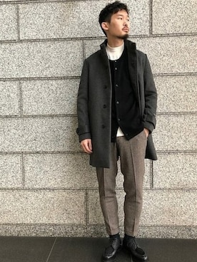 「EDIFICE（エディフィス）のアイテム（ステンカラーコート）」を使った、IDUTSUさん（メンズ・177cm）の冬コーディネート