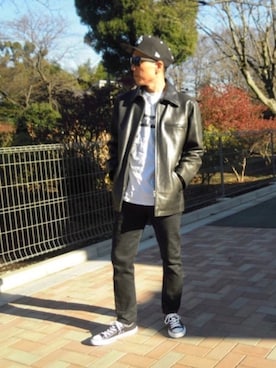 「A.P.C.（アーペーセー）のアイテム（ライダースジャケット）」を使った、genさん（メンズ・167cm）の冬コーディネート