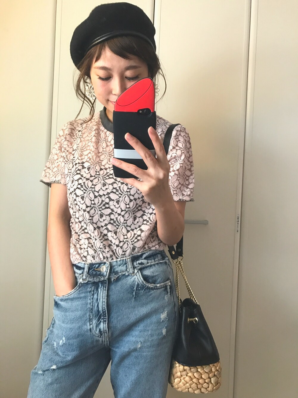「オトナカジュアル、春、プチプラ、今日のコーデ、pink、レーストップス、ベレー帽、ハイウエスト」｜「WYOUのアイテム（Tシャツ/カットソー、ピンク系）」を使った、N A O M Iさん（レディース・164cm）の春コーディネートの1枚目の写真