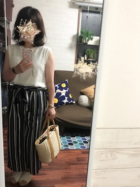 「no brand（ノーブランド）のアイテム（かごバッグ、イエロー系）」を使った、mcmさん（レディース・152cm）の夏コーディネート