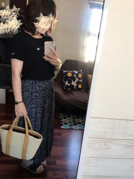 「no brand（ノーブランド）のアイテム（かごバッグ、イエロー系）」を使った、mcmさん（レディース・152cm）の夏コーディネート