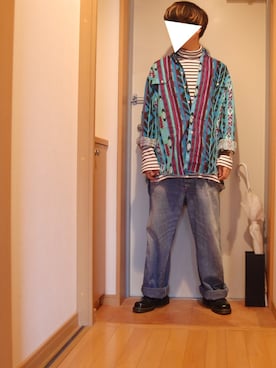 「柄×柄」｜「アイテム（オールインワン・サロペット）」を使った、ひいらぎさん（メンズ・166cm）の春コーディネート