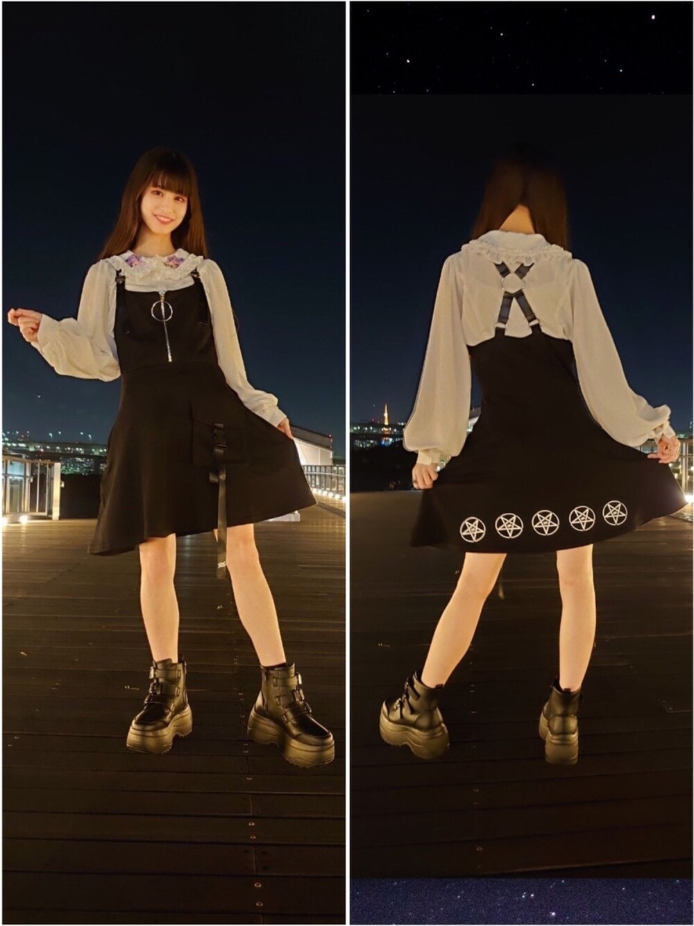 「ブラウス、ワンピース、黒、ブーツ、WEGO、TRAVASTOKYO、KRY、地雷系ファッション、やみかわいい、いいね、save、フォローお願いします🤑」｜「TRAVAS TOKYOのレディースブラウス /Frill Collar Blouse（シャツ/ブラウス、ホワイト系）」を使った、𝓎さん（レディース・155cm）の冬コーディネートの1枚目の写真
