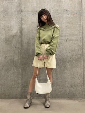 「オープンショルダー」｜「アイテム（ブーツ）」を使った、𝓎さん（レディース・155cm）の冬コーディネート