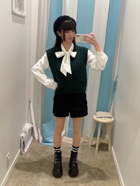 「ボウタイ」｜「アイテム（ハンチング/ベレー帽）」を使った、𝓎さん（レディース・155cm）の冬コーディネート