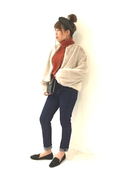「GLOBAL WORK（グローバルワーク）の【2WAY仕様】リブカラーターバン/805911（ヘアバンド、グレー系）」を使った、Kaaaさん（レディース・160cm）の秋コーディネート