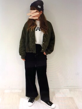 「GLOBAL WORK（グローバルワーク）のカラーニットワッチキャップ/804099（ニットキャップ/ビーニー、ブラック系）」を使った、Kaaaさん（レディース・160cm）の秋コーディネート