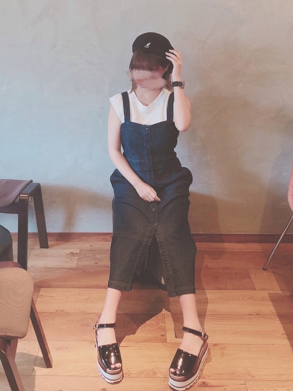 「大人カジュアル、カジュアル、ショートヘア、厚底サンダル、おしゃれさんと繋がりたい、ジャンスカ、アウトレット、休日スタイル、きれいめカジュアル」｜「KANGOLの[KANGOL/カンゴール] TROPIC 504 VENTAIR（ハンチング/ベレー帽、ブラック系）」を使った、ぴこ⌄̈⃝さん（レディース・154cm）の夏コーディネートの1枚目の写真