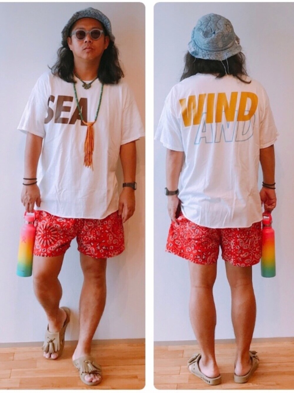「夏だ！Tシャツ着よう！、カジュアル、WINDANDSEA、ショーツ、サンダル、ベンサン、サングラス、ペイズリー、ハット」｜「BENCH（BENSAN）のアイテム（サンダル、ベージュ系）」を使った、ゆーきさん（メンズ・170cm）の夏コーディネートの1枚目の写真