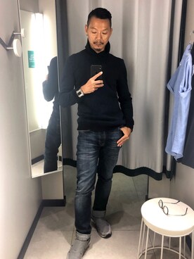 「H&M（エイチ・アンド・エム）のアイテム（カーディガン/ボレロ）」を使った、KP 郭さん（メンズ・170cm）の秋コーディネート