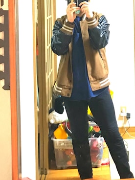 「no brand（ノーブランド）のアイテム（スタジャン）」を使った、かずさん（メンズ・169cm）の秋コーディネート