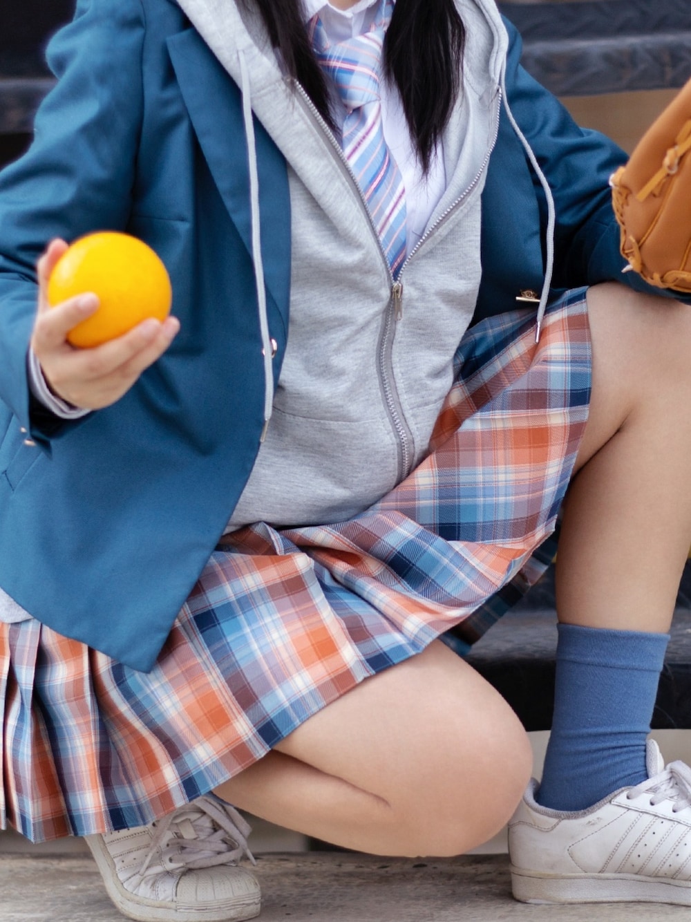 「JK、jk制服、JKコーデ、冬コーデ、冬、BASEBALL、sporty、sport style」｜「kuri-oriのアイテム（ネクタイ、ブルー系）」を使った、Wakakoさん（レディース・158cm）の冬コーディネートの1枚目の写真