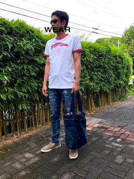「Abercrombie&Fitch（アバークロンビーアンドフィッチ）のアイテム（Tシャツ/カットソー）」を使った、かっつうさん（メンズ・174cm）の夏コーディネート