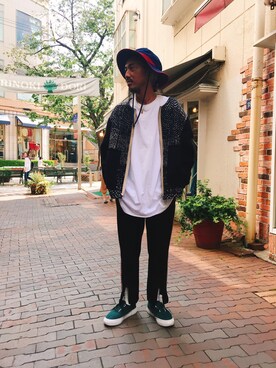 「トラックパンツ」｜「アイテム（ノーカラージャケット）」を使った、長老さん（メンズ・170cm）の夏コーディネート