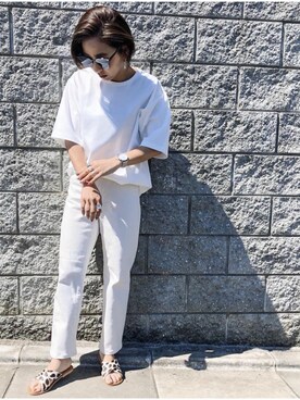 「CANAL JEAN（キャナルジーン）のfrom Lagoon(フロムラグーン) クロスレザーサンダル（サンダル）」を使った、marcellaさん（レディース・158cm）の夏コーディネート