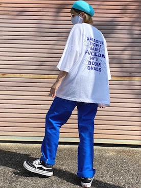 「ブルーコーデ」｜「アイテム（ハンチング/ベレー帽）」を使った、　あいり☺︎さん（レディース・163cm）の夏コーディネート