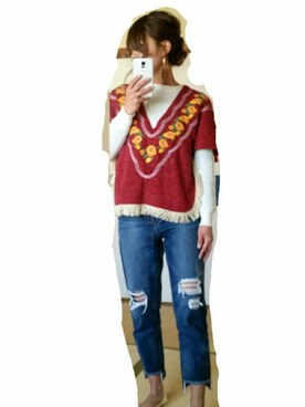 「刺繍」｜「アイテム（ポンチョ）」を使った、himawariさん（レディース・154cm）の春コーディネート