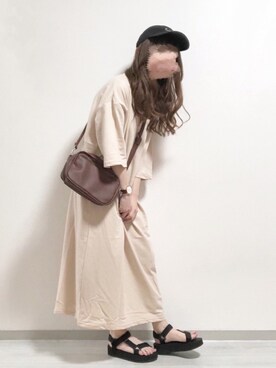 「Chaco closet（チャコ クローゼット）のバルーンスリーブ7分袖ポケット付きミニ裏毛Aラインスウェットワンピース（ワンピース）」を使った、fuwa.さん（レディース・153cm）の夏コーディネート