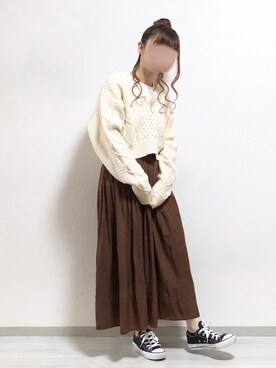 「Ifuru（イフル）のケーブルバックオープンプルオーバー（ニット/セーター）」を使った、fuwa.さん（レディース・152cm）の秋コーディネート