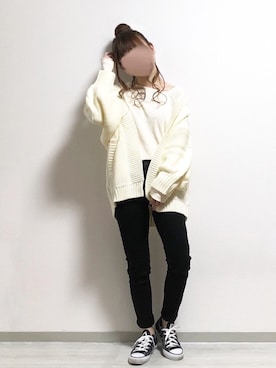 「Chaco closet（チャコ クローゼット）のケーブル編みニットボリュームスリーブルーズカーディガン（カーディガン/ボレロ）」を使った、fuwa.さん（レディース・152cm）の秋コーディネート