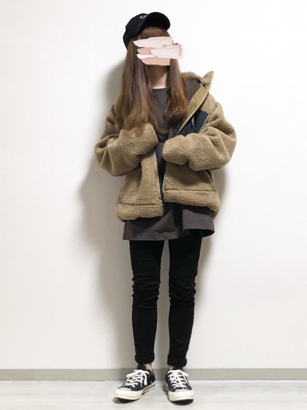 「STARTING OVER、スターティングオーバー、UNIQLO、黒スキニー、メンズライク、ボアブルゾン、もこもこ、ct70、キャップ、秋冬コーデ」｜「Starting Overの防風加工 もこもこボアブルゾン（ブルゾン、ベージュ系）」を使った、fuwa.さん（レディース・152cm）の秋コーディネートの1枚目の写真