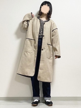 「アイテム（ノーカラーコート、ベージュ系）」を使った、fuwa.さん（レディース・152cm）の秋コーディネート