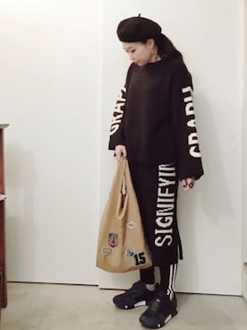 「ロゴニット」｜「アイテム（ハンチング/ベレー帽）」を使った、CA★RIさん（レディース・163cm）の冬コーディネート