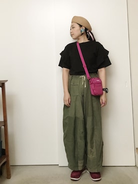 「袖フリル」｜「アイテム（ハンチング/ベレー帽）」を使った、CA★RIさん（レディース・163cm）の夏コーディネート