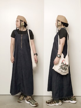 「サロペットスカート」｜「アイテム（ハンチング/ベレー帽）」を使った、CA★RIさん（レディース・163cm）の夏コーディネート