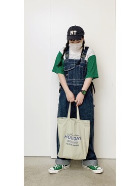 「緑」｜「アイテム（オールインワン・サロペット）」を使った、CA★RIさん（レディース・163cm）の春コーディネート