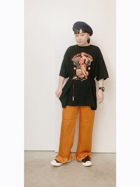 「サテンパンツ」｜「アイテム（ハンチング/ベレー帽）」を使った、CA★RIさん（レディース・163cm）の秋コーディネート