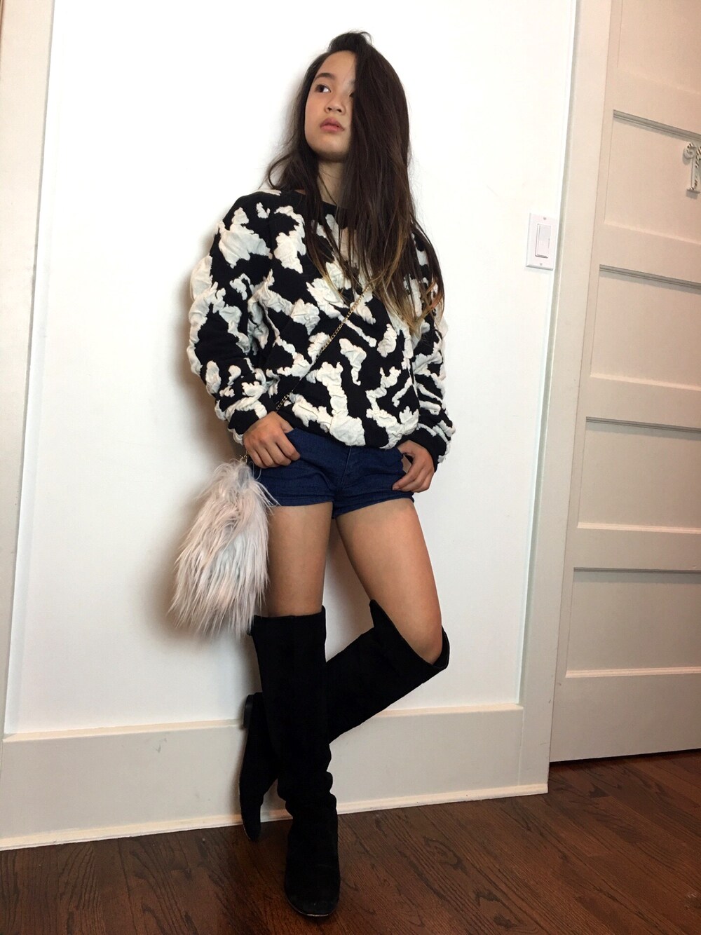 「ootd、denim、black and white」｜「FOREVER 21のアイテム（その他パンツ、ブルー系）」を使った、puppyloveMさん（キッズ・142cm）の冬コーディネートの1枚目の写真