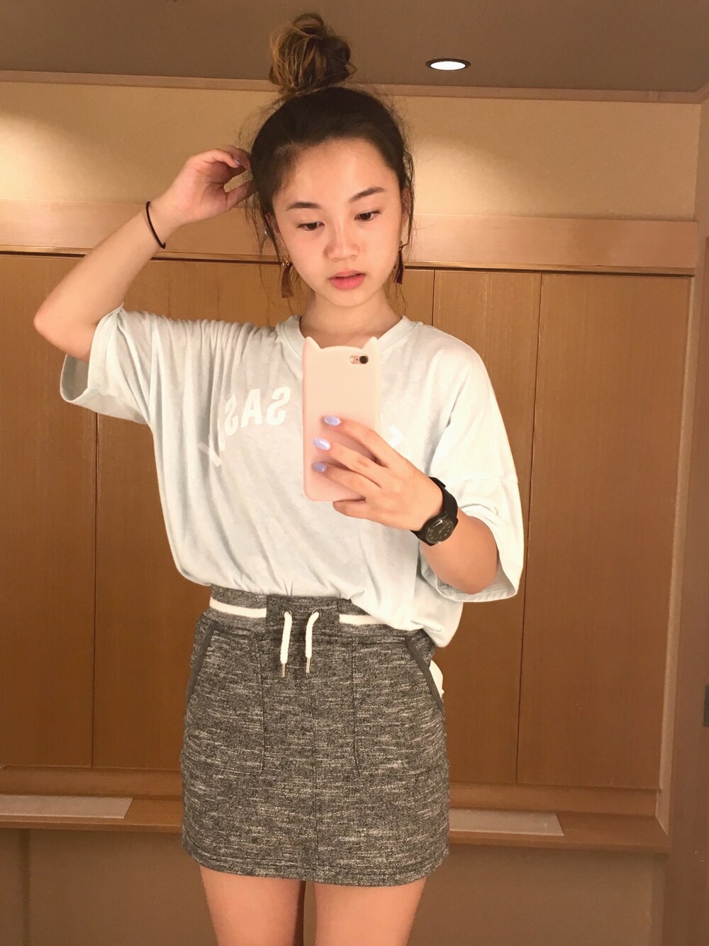 「summer、girl、sporty、Cute」｜「FOREVER 21のアイテム（Tシャツ/カットソー、ブルー系）」を使った、puppyloveMさん（キッズ・150cm）の夏コーディネートの1枚目の写真