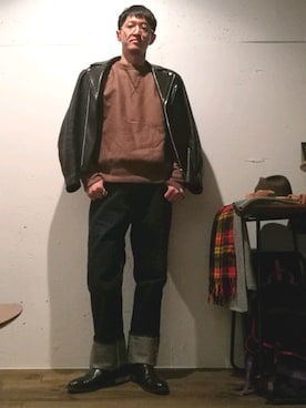 「ADAM ET ROPE'（アダムエロペ）のアイテム（ライダースジャケット）」を使った、omiさん（メンズ・172cm）の冬コーディネート