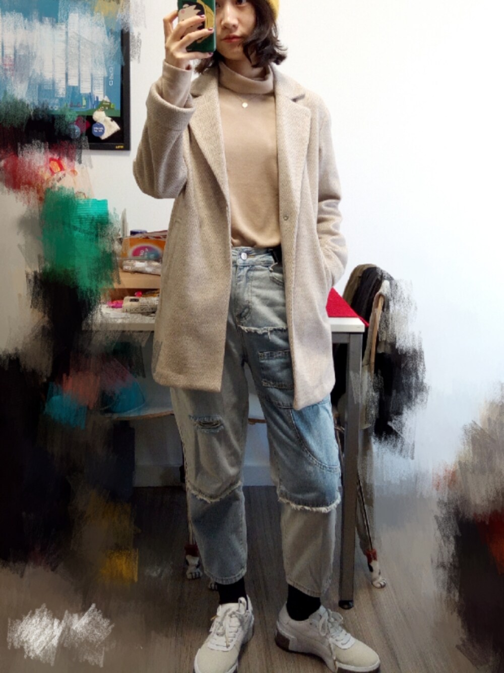 「冬コーデ、今日のコーデ、ootd、冬、UNIQLO、winter」｜「Bershkaのアイテム（テーラードジャケット、ベージュ系）」を使った、Jeldaaaさん（レディース・162cm）の冬コーディネートの1枚目の写真