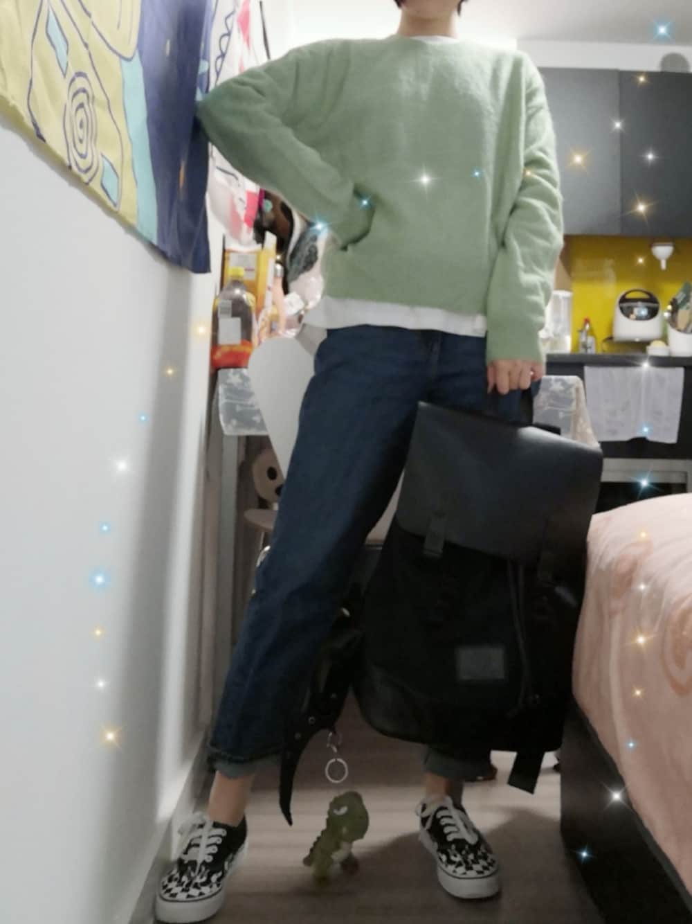 「ootd、春色、休日コーデ、低身長コーデ、春コーデ、daily look、TODAYFUL、今日のコーデ、VANS、UNIQLO」｜「other storiesのアイテム（ニット/セーター、グリーン系）」を使った、Jeldaaaさん（レディース・162cm）の春コーディネートの1枚目の写真
