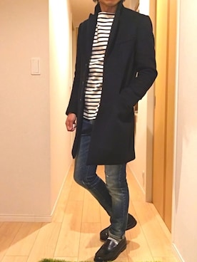 「バスクシャツ」｜「アイテム（チェスターコート）」を使った、hirotakaさん（メンズ・173cm）の冬コーディネート