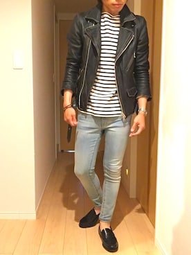 「バスクシャツ」｜「アイテム（ライダースジャケット）」を使った、hirotakaさん（メンズ・173cm）の春コーディネート