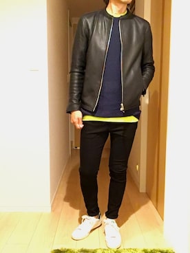 「ワッフルニット」｜「アイテム（ライダースジャケット）」を使った、hirotakaさん（メンズ・173cm）の秋コーディネート