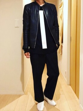 「ゆるニット」｜「アイテム（ライダースジャケット）」を使った、hirotakaさん（メンズ・173cm）の秋コーディネート