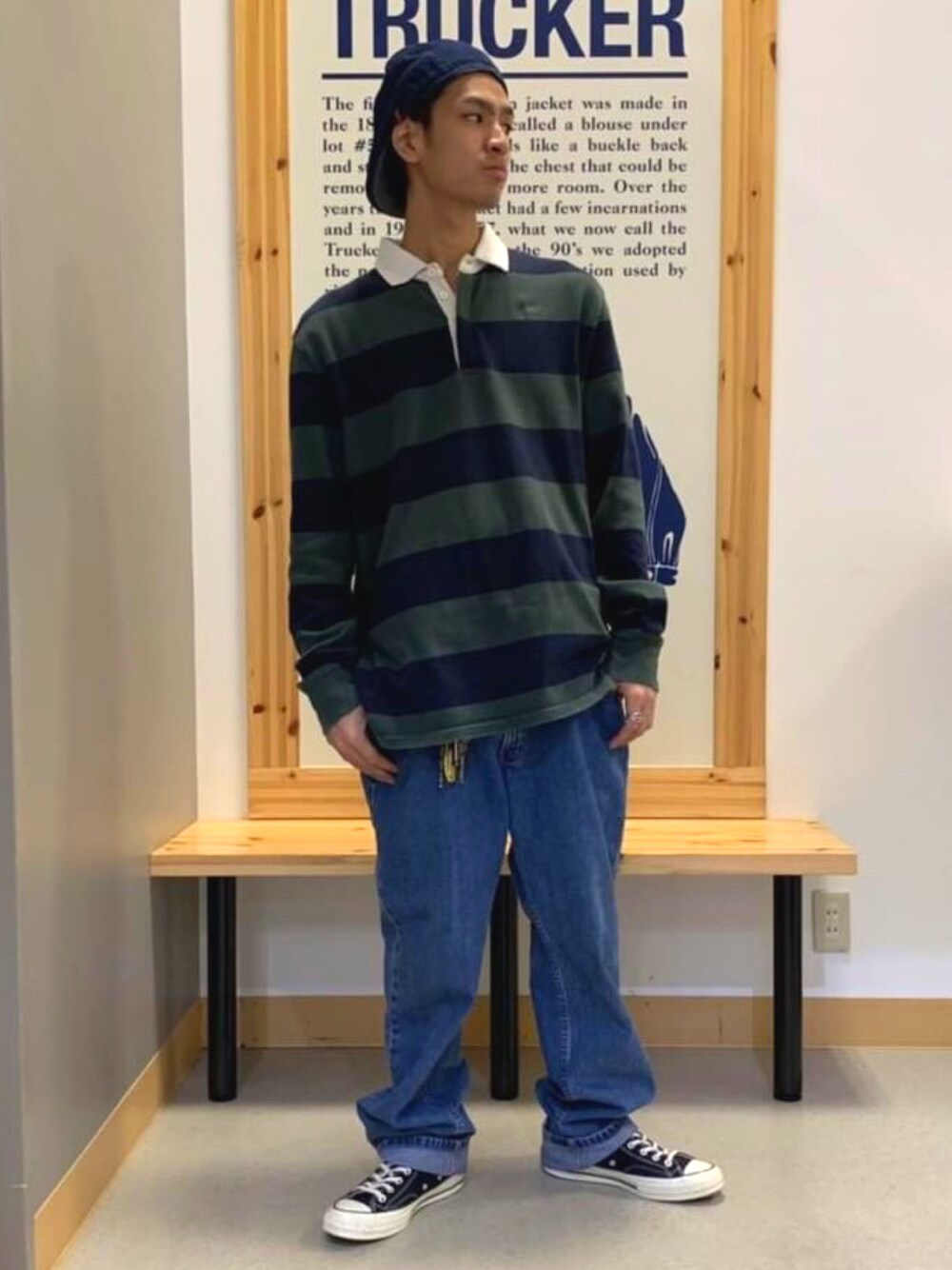 「カジュアルコーデ、おしゃれさんと繋がりたい、コンバース、シルバータブ、リーバイス、ラガーシャツ、古着、古着MIX」｜「Levi'sのアイテム（ポロシャツ、グリーン系）」を使った、Yorkieさん（メンズ・170cm）の春コーディネートの1枚目の写真