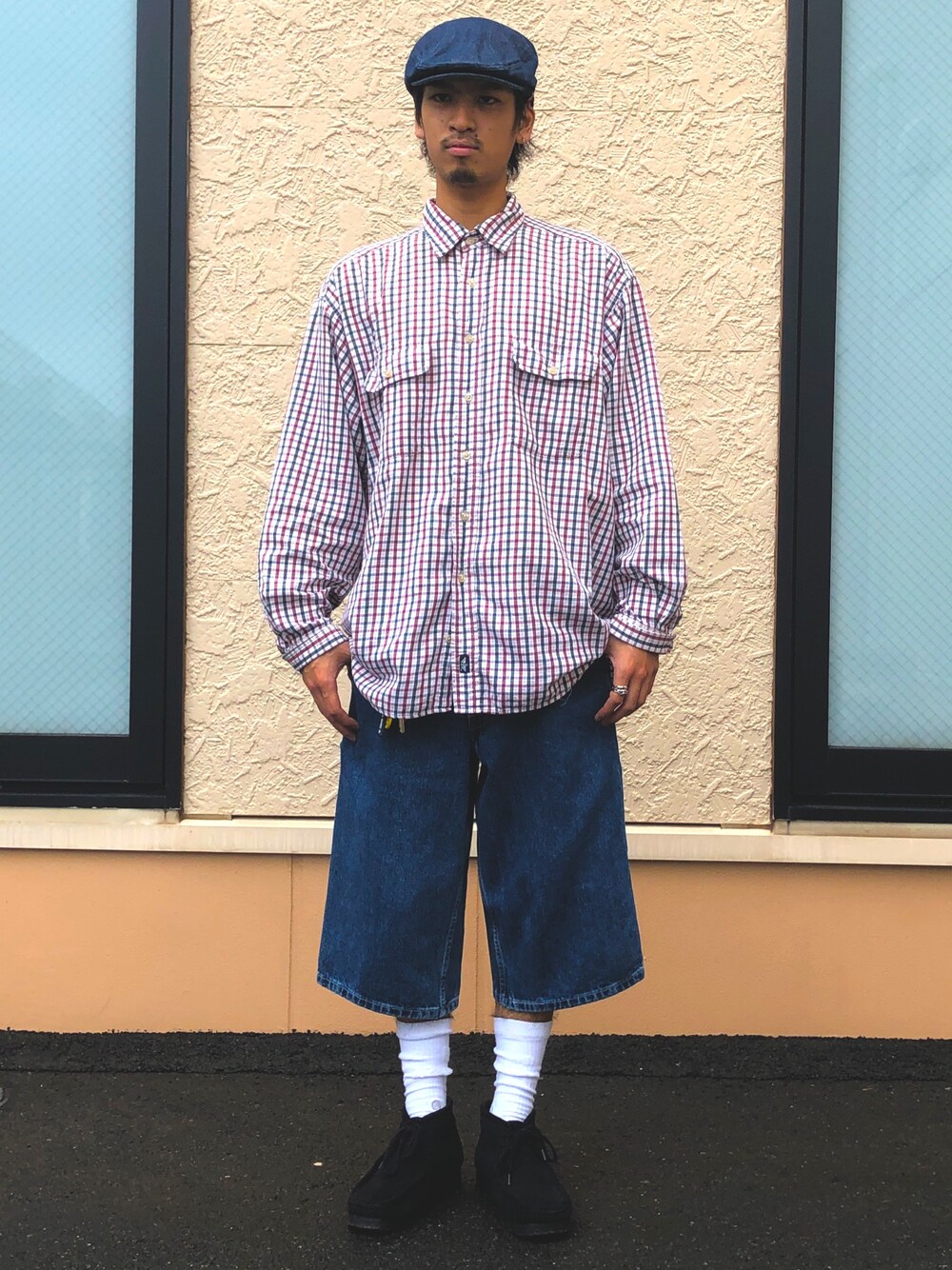 「カジュアル、雨の日コーデ、ビッグシルエット、古着、古着MIX、Levis、クラークス、ootd、いいね、save、フォローお願いします🤑、80s」｜「DOCKERSのアイテム（シャツ/ブラウス、レッド系）」を使った、Yorkieさん（メンズ・173cm）の夏コーディネートの1枚目の写真