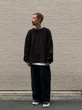 「FRUIT OF THE LOOM（フルーツオブザルーム）のアイテム（スウェット）」を使った、福島大さん（メンズ・156cm）の秋コーディネート