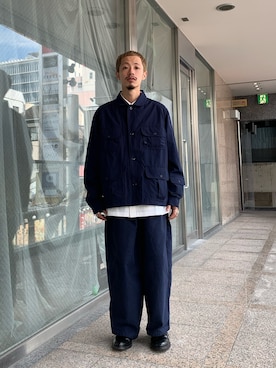 「アイテム（カーゴパンツ、ブルー系）」を使った、福島大さん（メンズ・156cm）の秋コーディネート