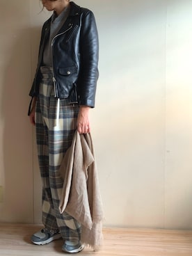 「グレーニット」｜「アイテム（ライダースジャケット）」を使った、_haseko_さん（レディース・165cm）の冬コーディネート