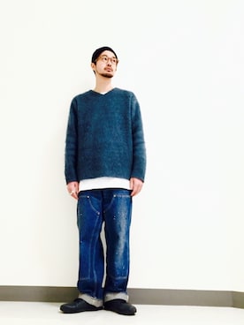 「Acne Studios（アクネストゥディオズ）のアイテム（ニットキャップ/ビーニー、ブルー系）」を使った、Shirou Takemotoさん（メンズ・171cm）の冬コーディネート