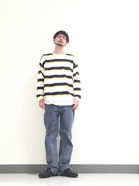 「BEAUTY&YOUTH UNITED ARROWS（ビューティーアンドユースユナイテッドアローズ）のBY ∴ 90'S ボーダー ビッグ ニット（ニット/セーター、ホワイト系）」を使った、Shirou Takemotoさん（メンズ・171cm）の冬コーディネート