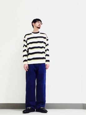 「BEAUTY&YOUTH UNITED ARROWS（ビューティーアンドユースユナイテッドアローズ）のBY ∴ 90'S ボーダー ビッグ ニット（ニット/セーター、ホワイト系）」を使った、Shirou Takemotoさん（メンズ・171cm）の春コーディネート