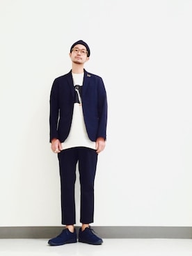 「BEAUTY&YOUTH UNITED ARROWS（ビューティーアンドユースユナイテッドアローズ）のBY ”TORAY” ドライ シアサッカー 2B ジャケット（テーラードジャケット、ブルー系）」を使った、Shirou Takemotoさん（メンズ・171cm）の春コーディネート