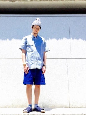 「MHL.（エムエイチエル）の【別注】 ＜MHL.＞ 16 INORGANIC MIC/シャツ（シャツ/ブラウス、ブルー系）」を使った、Shirou Takemotoさん（メンズ・171cm）の夏コーディネート